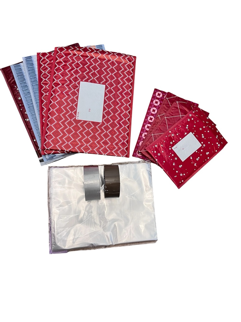 9 PADDED Patterned Poly Mailer Tape and Clear Self-Sealing Bag Bundle